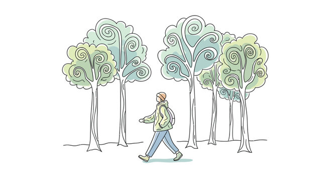 Hiker walking through stylized forest trees nature illustration