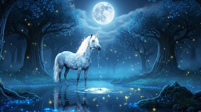 Magical Unicorn Drinking from a Glowing Forest Pond
