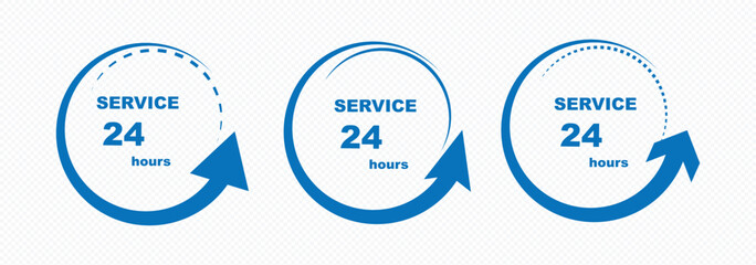 24 7 service icon set. 24-7 open, concept with call icon. Support 24 hours a day and 7 days a week. Support service. Vector Illustration. 