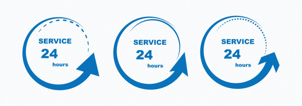 24 7 service icon set. 24-7 open, concept with call icon. Support 24 hours a day and 7 days a week. Support service. Vector Illustration. 