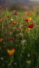 Fototapeta premium Spring meadow wildflowers bathed in warm morning light evoke a serene landscape of vibrant color and gentle beauty