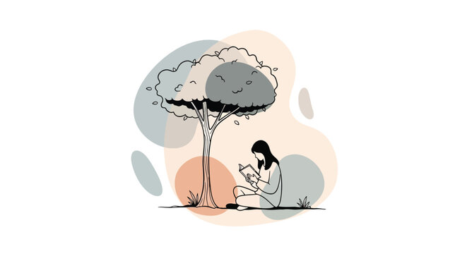 Person reading book sitting under tree in nature sketch