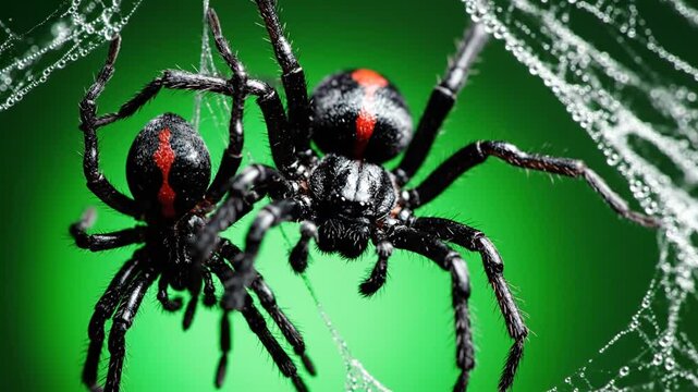 Intense Close-Up - Two Venomous Spiders Converge on Shimmering Web Against Vivid Green.