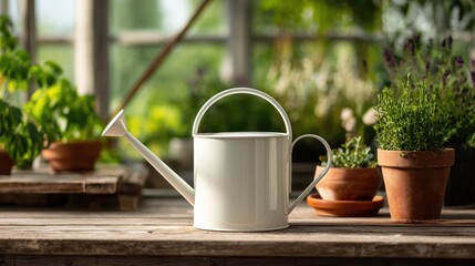 White metal watering can mockup on wooden table in greenhouse garden.
