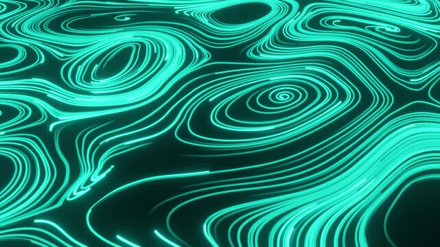 歪んだ渦を巻く緑の光の線をスライドしながら眺める背景動画素材。幻想的な4Kアニメーション。ゲームや映像作品の演出に適した2DFX