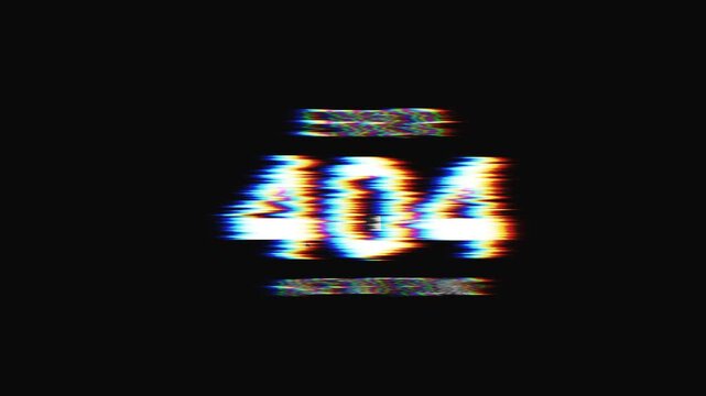 Vibrating Error 404 text with a digital glitch effect on a black background, ideal for technology visuals, website error pages, video intros, cybersecurity themes, and digital warning screens, 4k