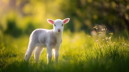 Obraz premium Spring lamb on green meadow bathed in soft sunlight evokes gentle cheerful pastoral beauty