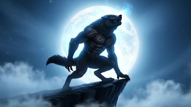Werewolf howling silhouette against full moon horror scene