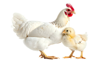 Fototapeta premium A white hen stands with a yellow chick, isolated on a transparent background