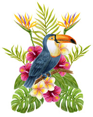Obraz premium Toucan sits on branch in tropical flowers and lush greenery. Watercolor painting tropics composition consisting of hibiscus, plumeria and green palm leaves.