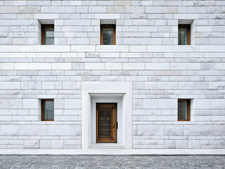 Modern stone building with wooden door and small windows in urban setting during daylight