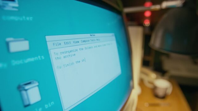 No people close-up of notepad program running on screen of retro 90s personal computer, with task list for planning, recycle bin and documents icons on blue background of 16-bit operating system