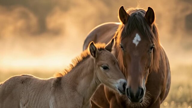 Wild Horse Nuzzling Newborn Foal in Misty Meadow