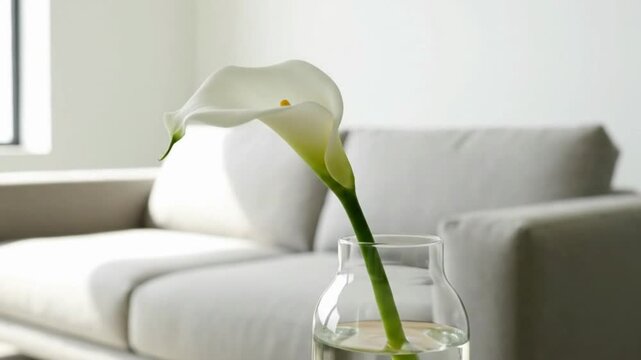 A white calla lily in a glass vase on a table beside a white sofa in a bright living room with natural light