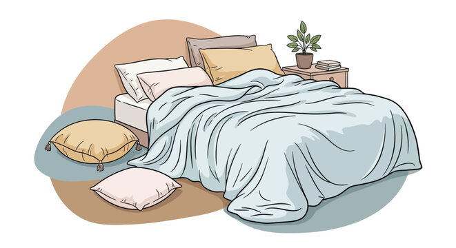 Messy unmade bed with pillows and blanket vector illustration