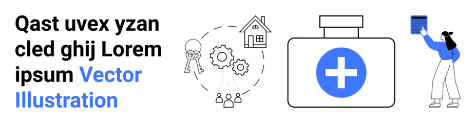 Obraz premium Healthcare, home security, education, resource management, medical access, decision-making. Medical kit with a cross, house symbol gears and a reading woman. Healthcare and home security