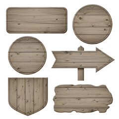 Wooden signs and plaques set, rustic wooden boards for signage and branding, isolated on white background