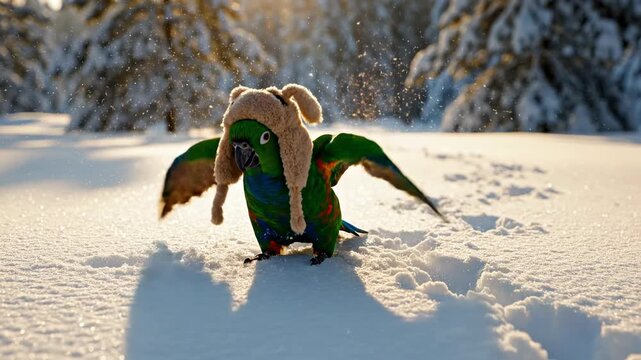 Iridescent emerald parrot wearing a cute fuzzy ear-flap hat playfully hops across a pristine drift of fresh white powder snow in the early morning light exploration, naturalistic, early morning light
