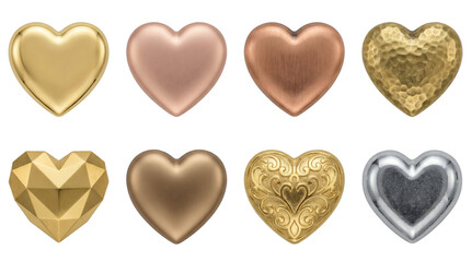 Fototapeta premium Heart shape jewelry set including gold, rose, copper, hammered, faceted, and silver metallic finishes. Decorative love and romance collection for jewelry design and gifts.