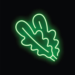 Green neon sign showing two oak leaves on black background, suitable for restaurant, bar or shop