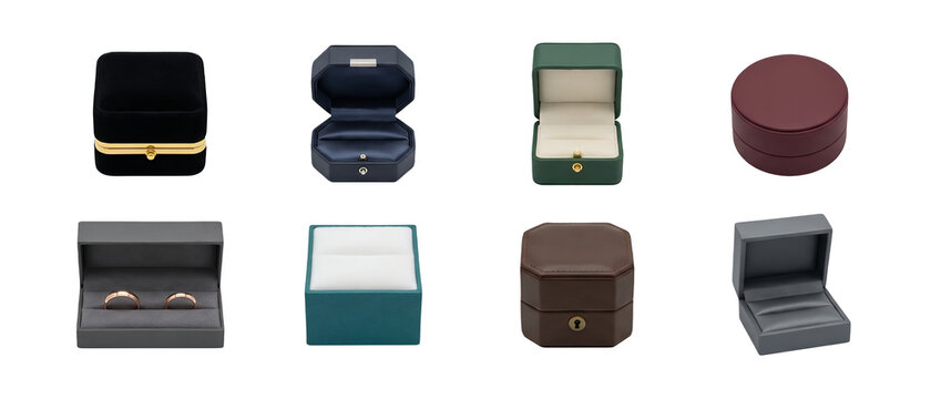 Jewelry ring box set including velvet, leather, octagonal, round, and square styles isolated. Elegant gift packaging and wedding presentation collection.