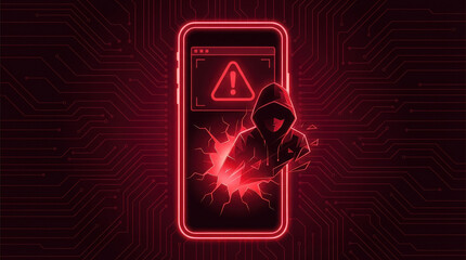 Hacker breaking into smartphone with glowing red warning alert symbol, digital cybercrime concept with dark background and neon light effect