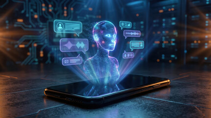 Holographic digital assistant projection from smartphone, futuristic technology concept with virtual AI chatbot and communication icons in dark tech environment