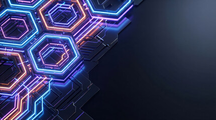 Neon hexagon technology circuit board with glowing blue and purple lines on dark background, futuristic digital design with vibrant light effects and modern electronic pattern