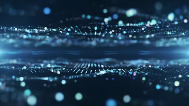 Mesmerizing wide cinematic video: microscopic, luminous, iridescent particles as digital information streams or neural networks converge and diffuse in an ethereal void with bokeh & lens flares.