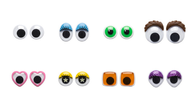 Googly eyes set including round, heart shaped, square, and colorful wiggle eye variants isolated. Craft supplies and toy accessory collection.