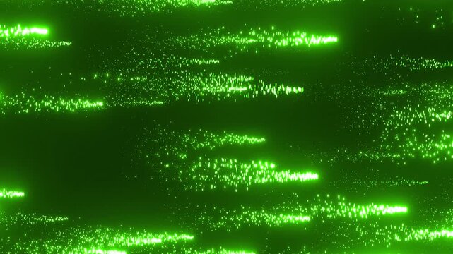 左から右に真っ直ぐ流れる緑の光の粒子の背景動画素材。スピード感のある4Kアニメーション。一面に広がって走る光線。ゲームや映像作品の演出に適した2DFX