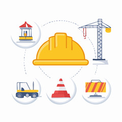 Fototapeta premium Construction site illustration featuring hard hat, crane, traffic cone, road sign, and construction vehicle in a circular layout