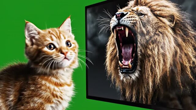 Curious Kitten and Lion's Roar: A small, curious kitten gazes in wonder at a roaring lion on a screen, captured against a vibrant green backdrop.
