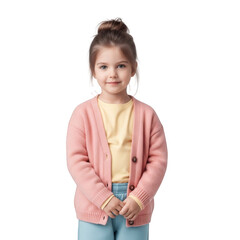 Little girl wearing pink cardigan and yellow shirt for kids fashion and clothing branding, isolated on white background