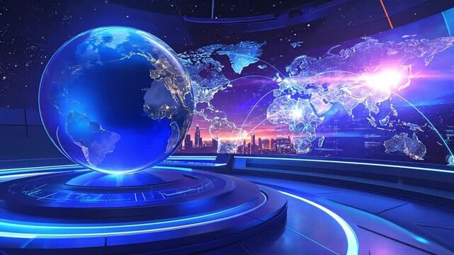 Futuristic news studio with a glowing globe and world map display, broadcasting global information.