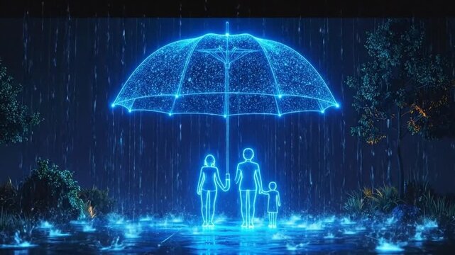 Family protected under a glowing umbrella, symbolizing safety, security, and insurance coverage in a digital world.