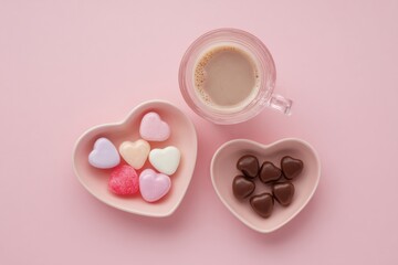 Heart-shaped Candy and Coffee on Pastel Background