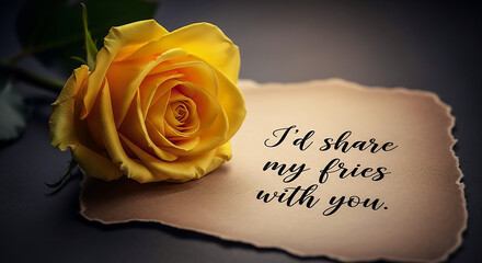 Fototapeta premium Funny Valentine Yellow Rose with I'd Share My Fries With You Playful Message