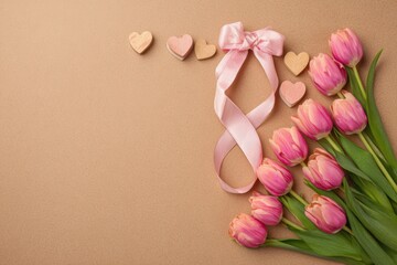 Pink Tulips and Decorative Hearts with Ribbon
