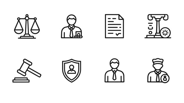 Legal icons depicting justice law enforcement and courtroom elements in outline style