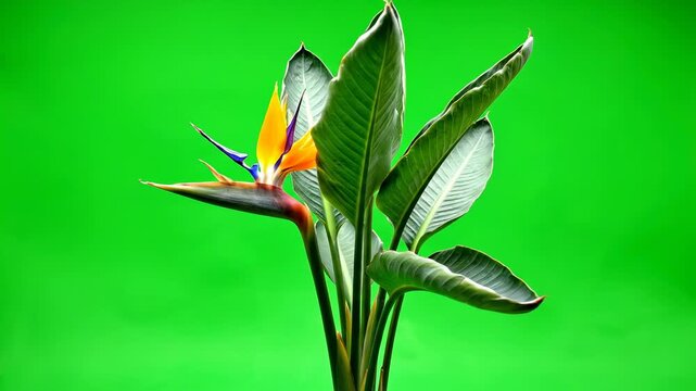 Isolated Bird of Paradise plant in profile view with bright green leaves and intense flower structure spinning slightly on a vibrant green screen background cutout, utility background, rotation