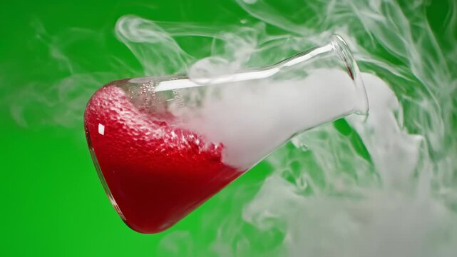Isolated Erlenmeyer flask vigorously shaking a bright red substance producing internal fumes shot on a pure green screen background for easy compositing research, green, technology