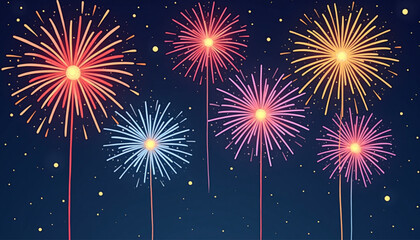 Colorful Fireworks Celebration Night Sky Flat Vector Illustration