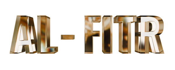 EID Al Fitr gold text 3d dispersion glass text render, islamic text typography isolated