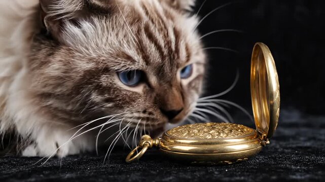 Isolated Ragdoll cat sniffing the detailed engraving of a closed antique gold pocket watch, suitable for easy compositing onto a new background studio production, easy compositing, gold