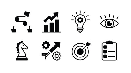 Collection of black linear icons representing business strategy and innovation