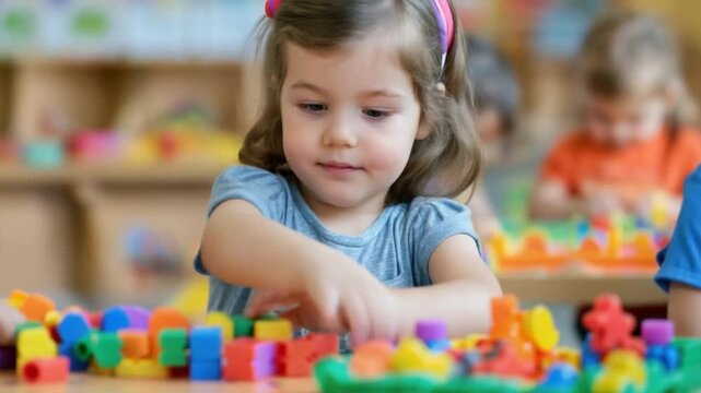 A young girl engaged in creative play with colorful building blocks in a vibrant classroom setting.