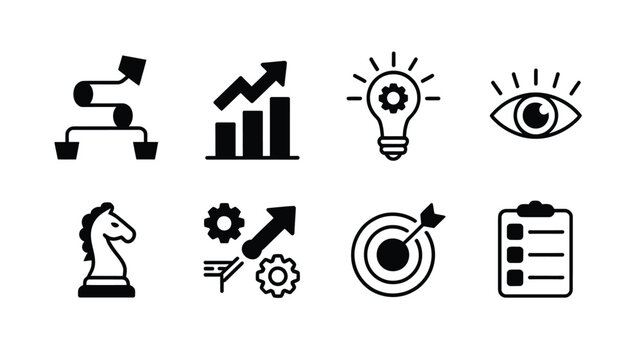 Collection of black linear icons representing business strategy and innovation