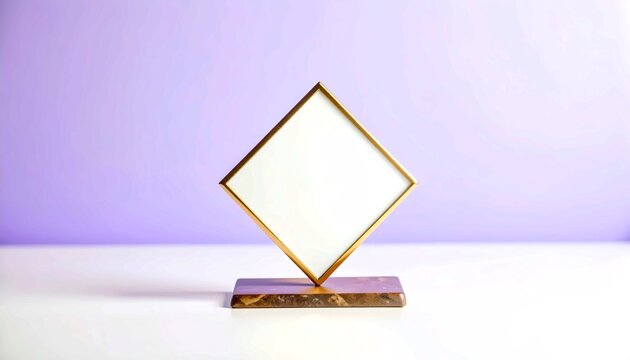 Elegant Diamond Shaped Gold Picture Frame Mockup on Marble Base with Blank White Space, Modern Desktop Decor and Branding Presentation Template, Minimalist Interior Design Elements