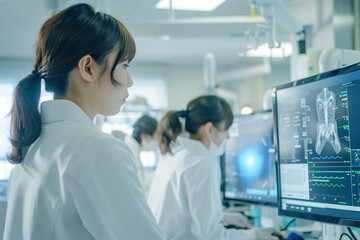 Healthcare professionals analyzing medical data on monitors in modern hospital